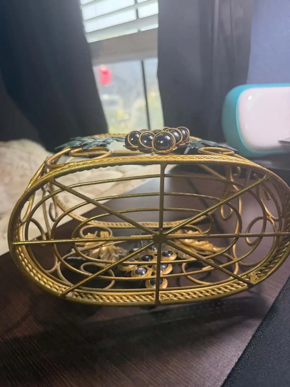 Vintage Gold Tone Metal Wire Basket with Grape and Leaf Accents